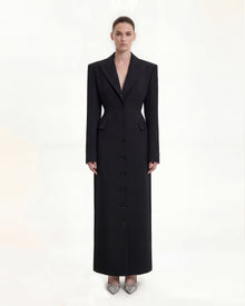 Structured Shoulder Fitted Lapel Maxi Coat - Black