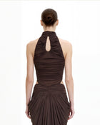 Ruched Twist-Front Halter Bodysuit - Brown