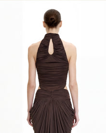 Ruched Twist-Front Halter Bodysuit - Brown