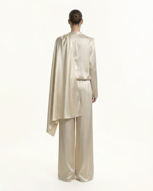 Satin-Feel Elastic Waist Wide-Leg Trousers - Cream