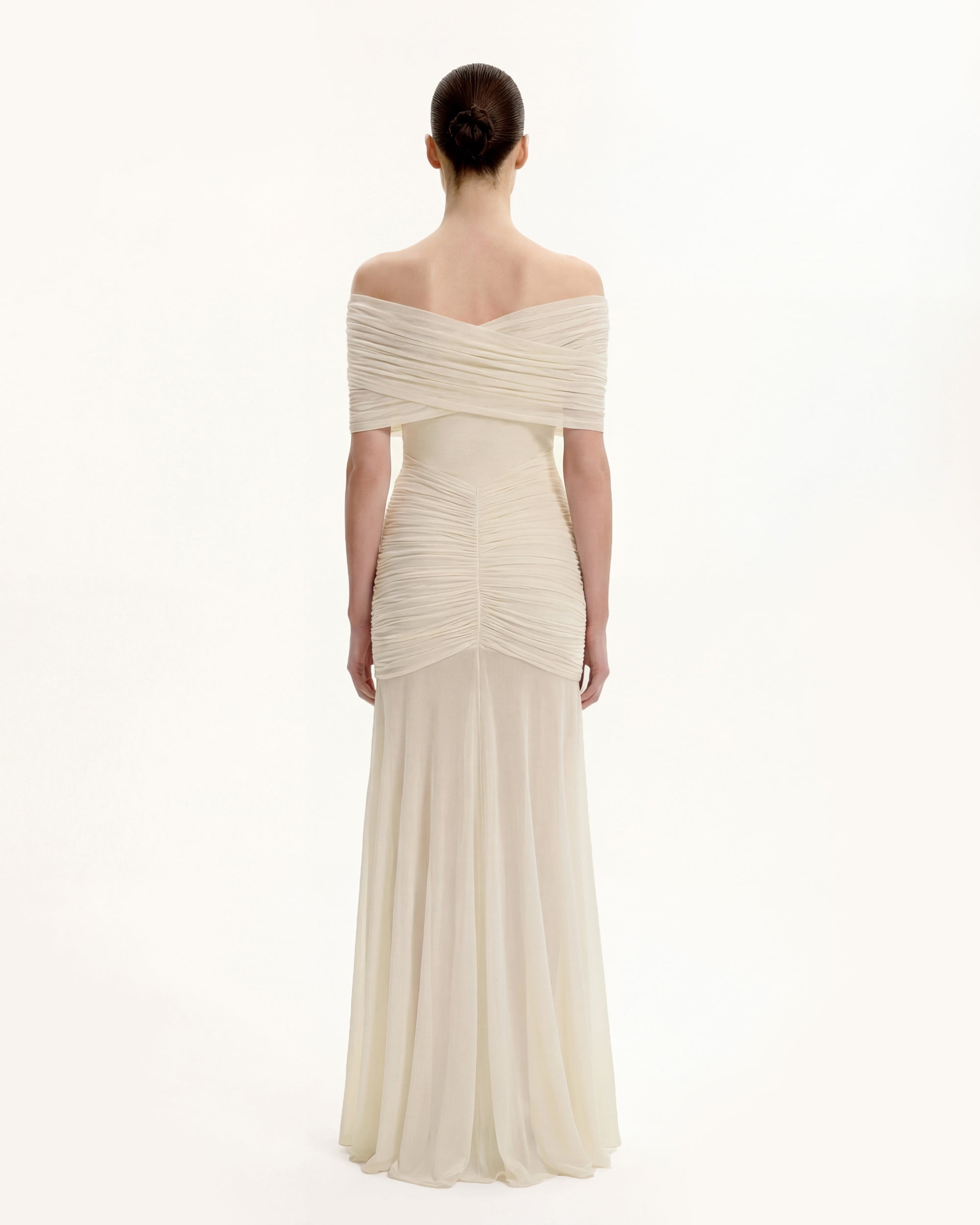 Ruched Off-Shoulder Sheer-Skirt Gown - Cream