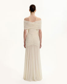 Ruched Off-Shoulder Sheer-Skirt Gown - Cream
