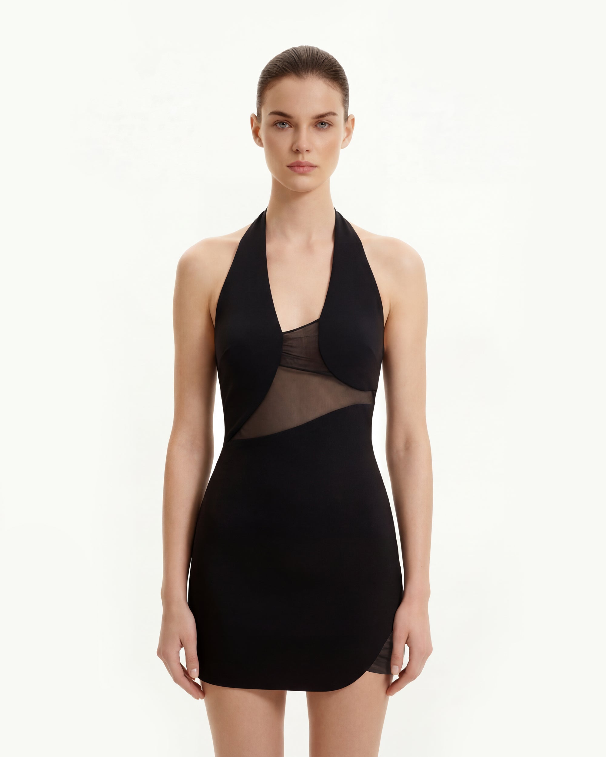 Asymmetric Mesh-Panel Halter Mini Dress - Black