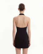 Asymmetric Mesh-Panel Halter Mini Dress - Black