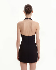 Asymmetric Mesh-Panel Halter Mini Dress - Black