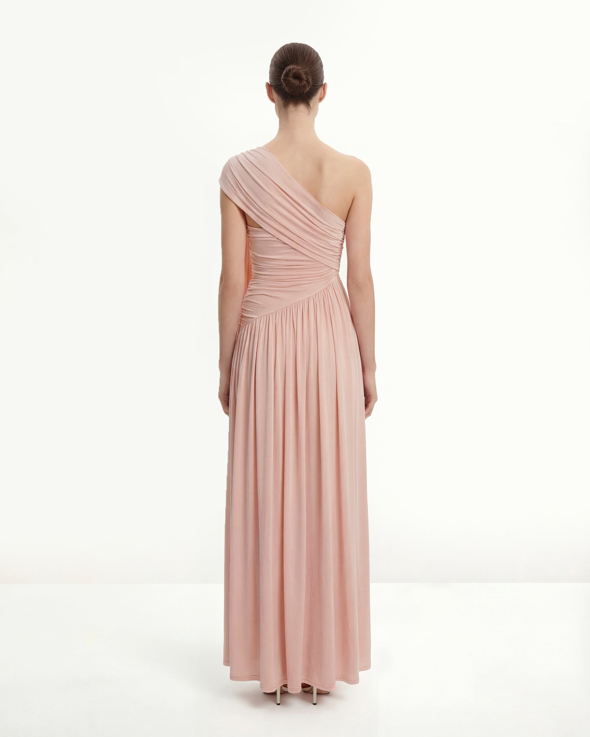 Ruched One-Shoulder Maxi Dress with Trailing Sash - Pink
