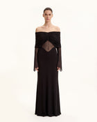 Twisted Tulle Paneled Off-Shoulder Maxi Dress - Black