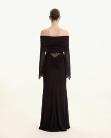Twisted Tulle Paneled Off-Shoulder Maxi Dress - Black