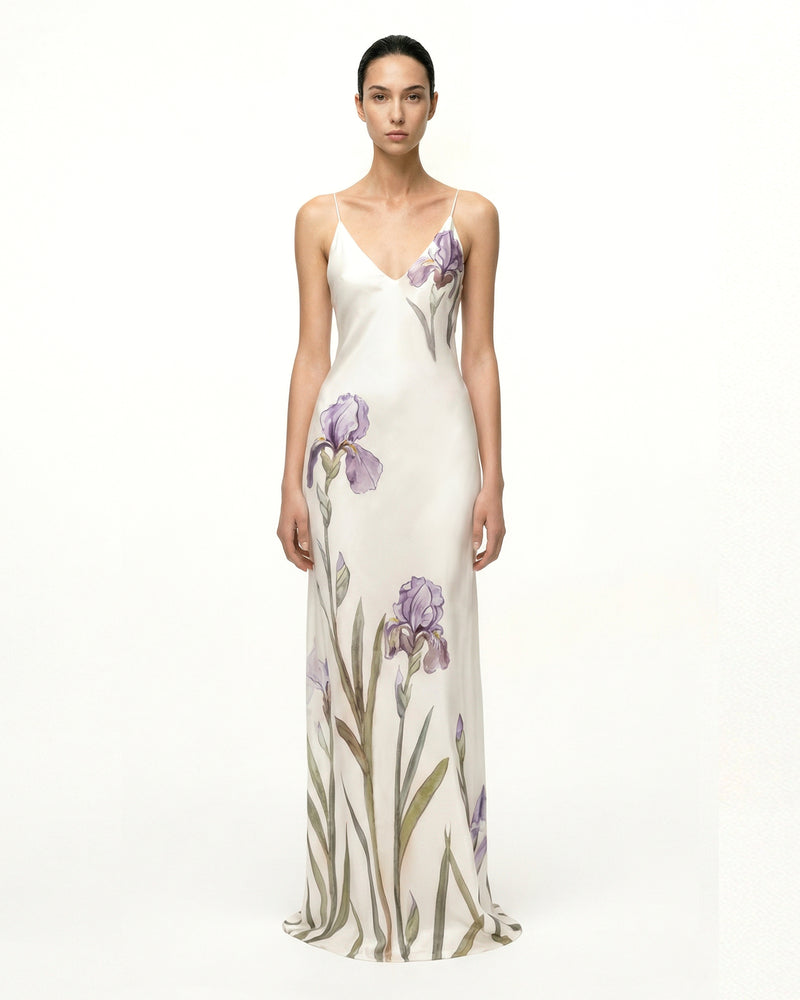Iris Motif Satin Slip Gown - White