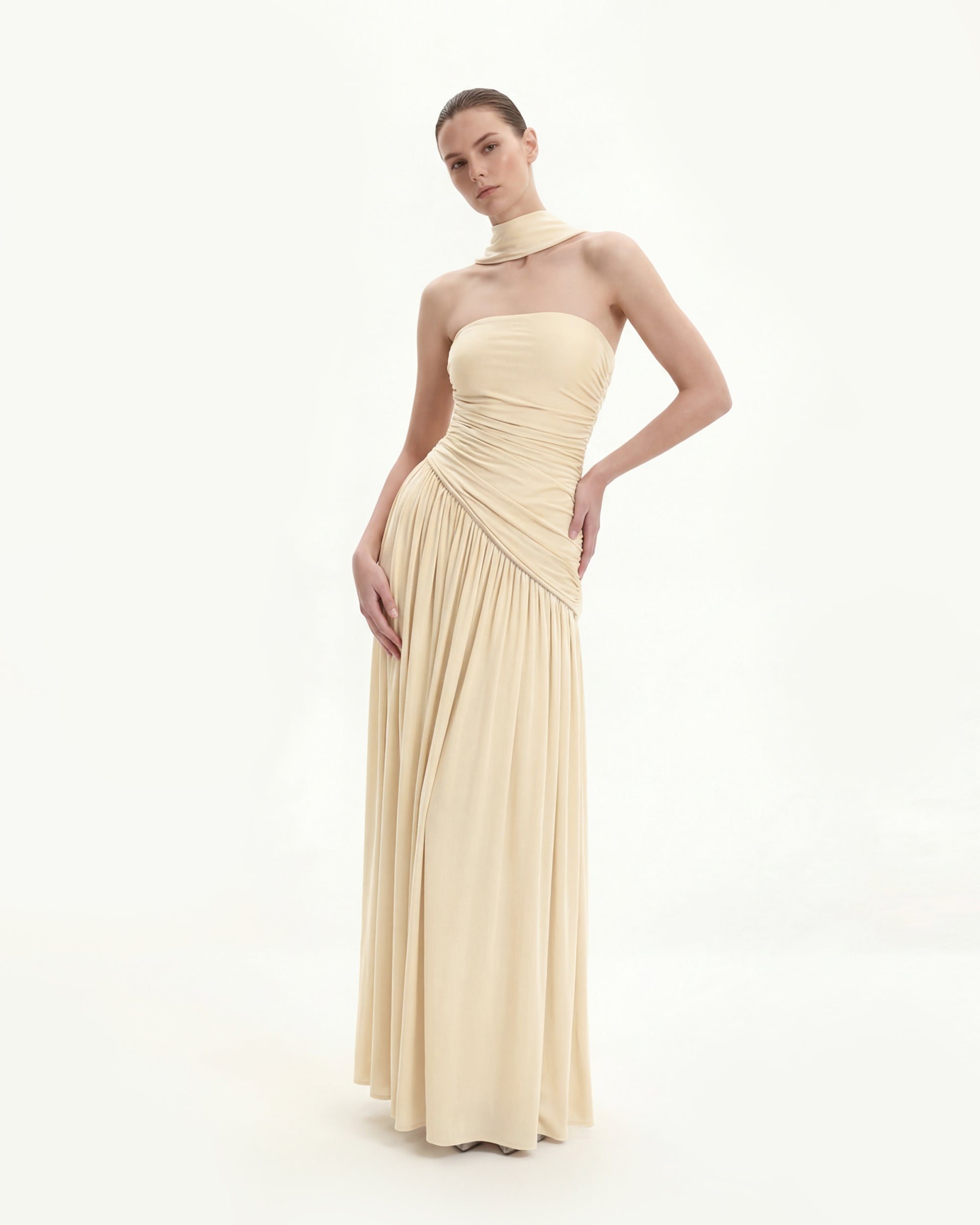 Ruched Panel Strapless Maxi Dress - Yellow