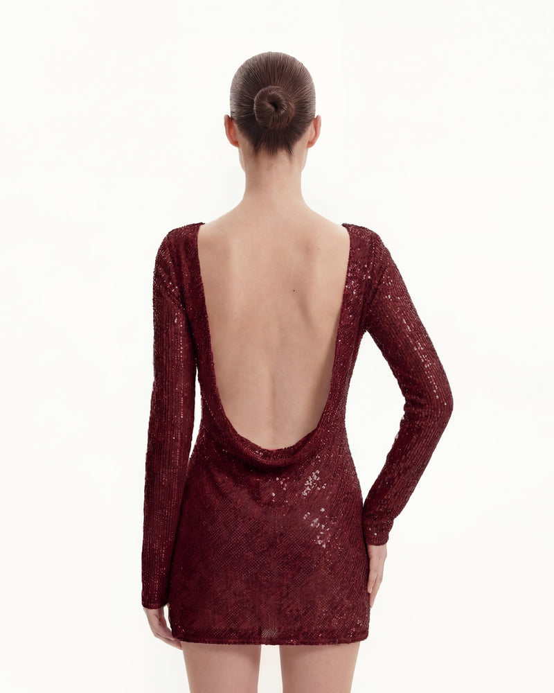 Diagonal Sequin Open-Back Long Sleeve Mini Dress - Claret