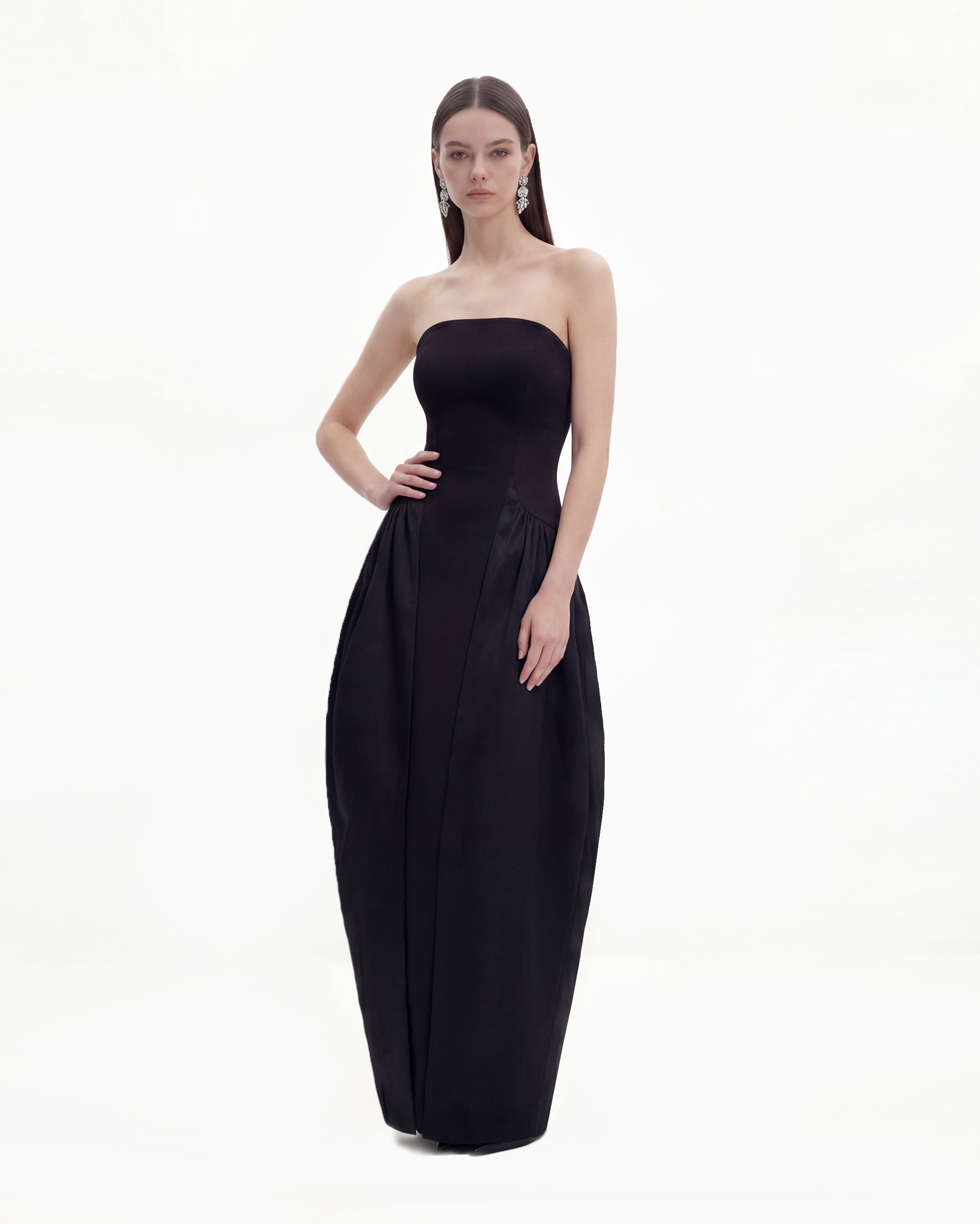 Monochrome Paneled Strapless Sculptural Maxi Dress - Midnight Black