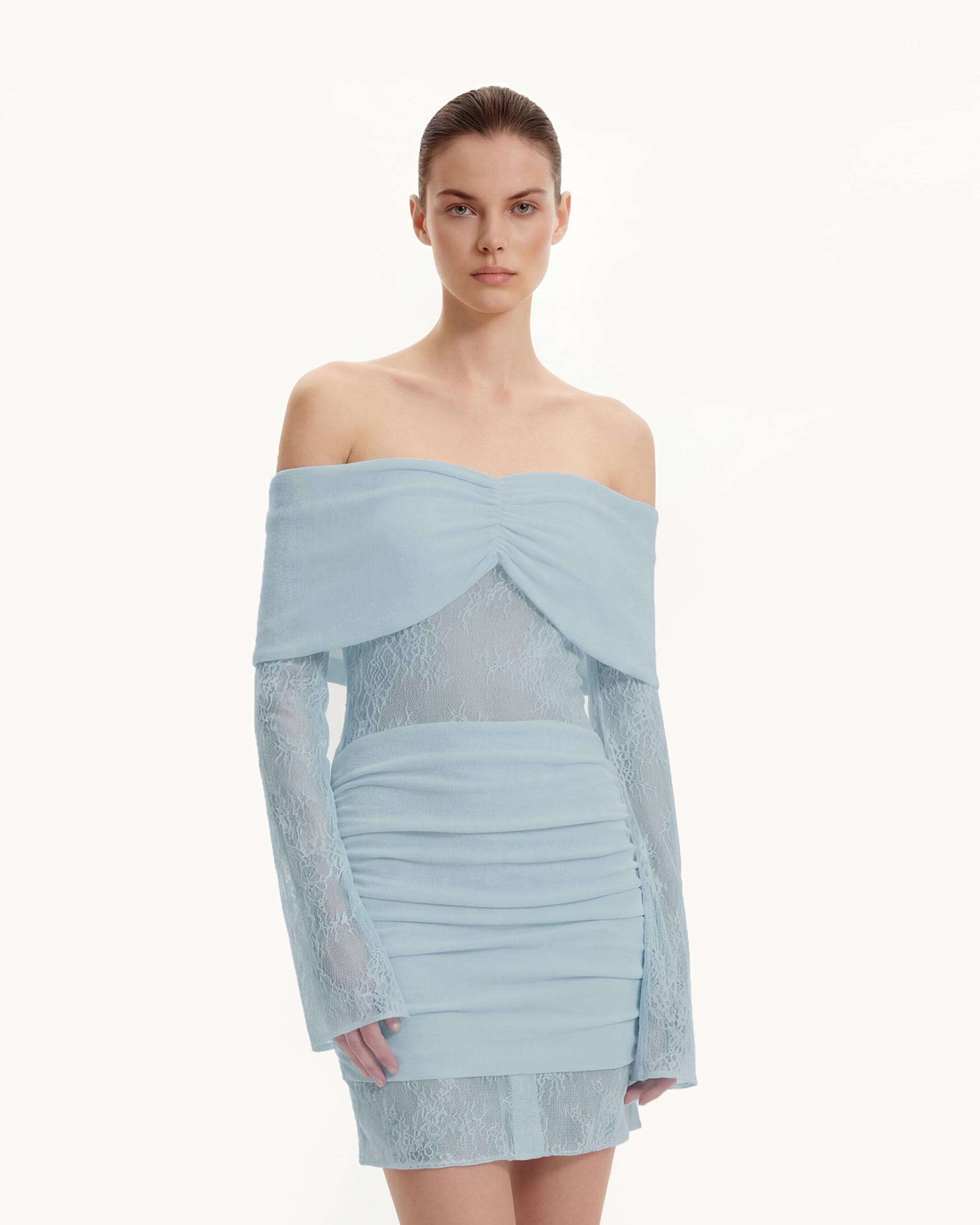 Off-Shoulder Ruched Mini Dress with Lace Sleeves - Blue