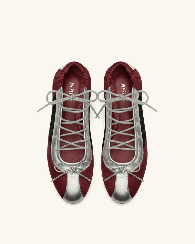 Mila Sporty Ballet Sneakers - Metallic Silver & Burgundy
