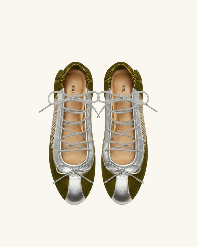 Mila Sporty Ballet Sneakers - Metallic Silver & Olive Green