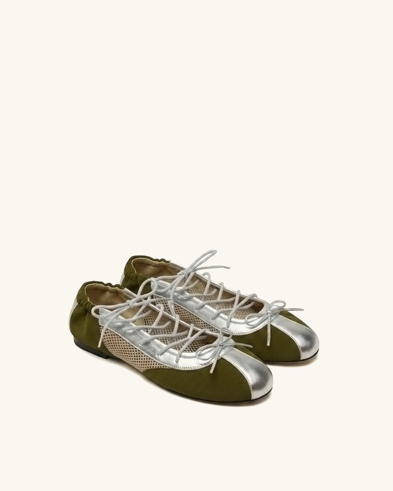 Mila Sporty Ballet Sneakers - Metallic Silver & Olive Green
