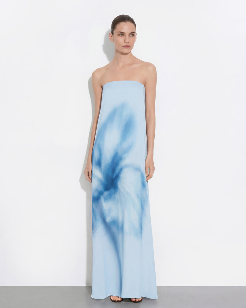 Watercolor Floral Print Strapless Maxi Dress - Blue