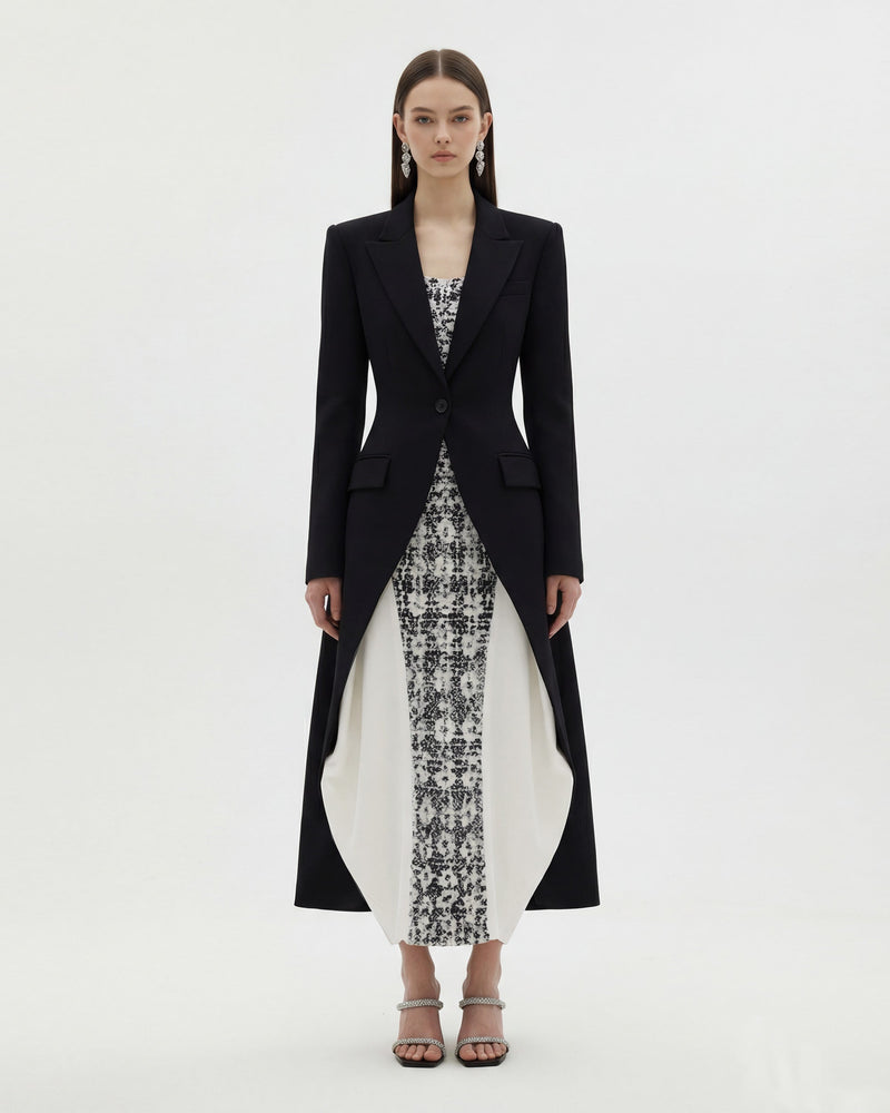 Structured Peak-Lapel Cutaway Maxi Blazer - Black