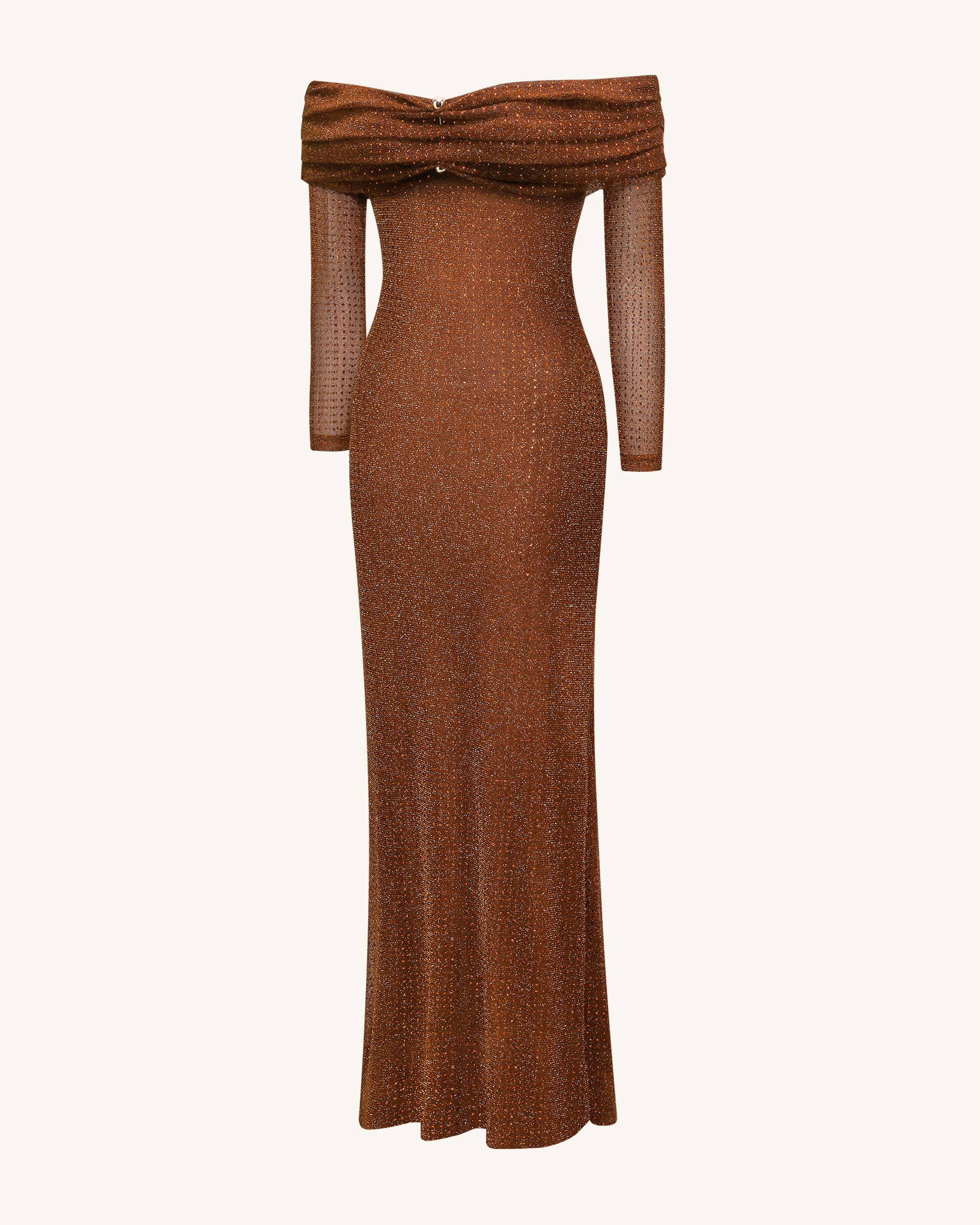 Rhinestone Mesh Off-Shoulder Maxi Dress - Brown