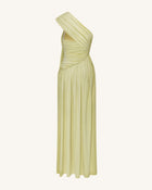 Ruched One-Shoulder Maxi Dress with Trailing Sash - Green