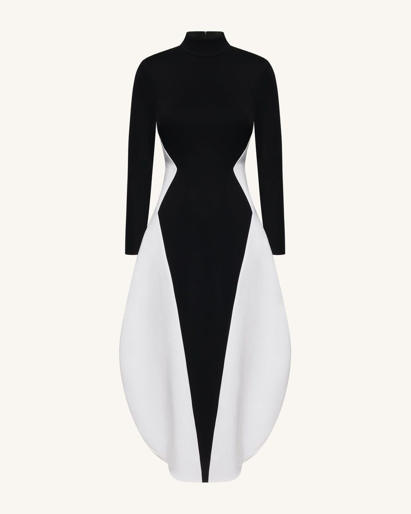 Monochrome Paneled Long-Sleeve Maxi Dress - Black