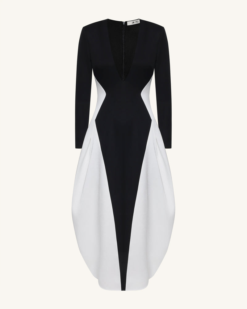 Monochrome Paneled Plunging V-Neck Long-Sleeve Maxi Dress - Black