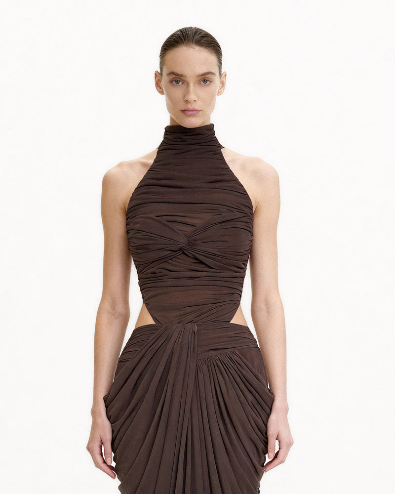 Ruched Twist-Front Halter Bodysuit - Brown
