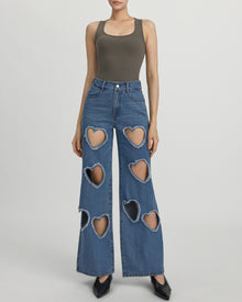 Sophia Embellished Heart Cut-Out Denim Jeans - Medium Blue