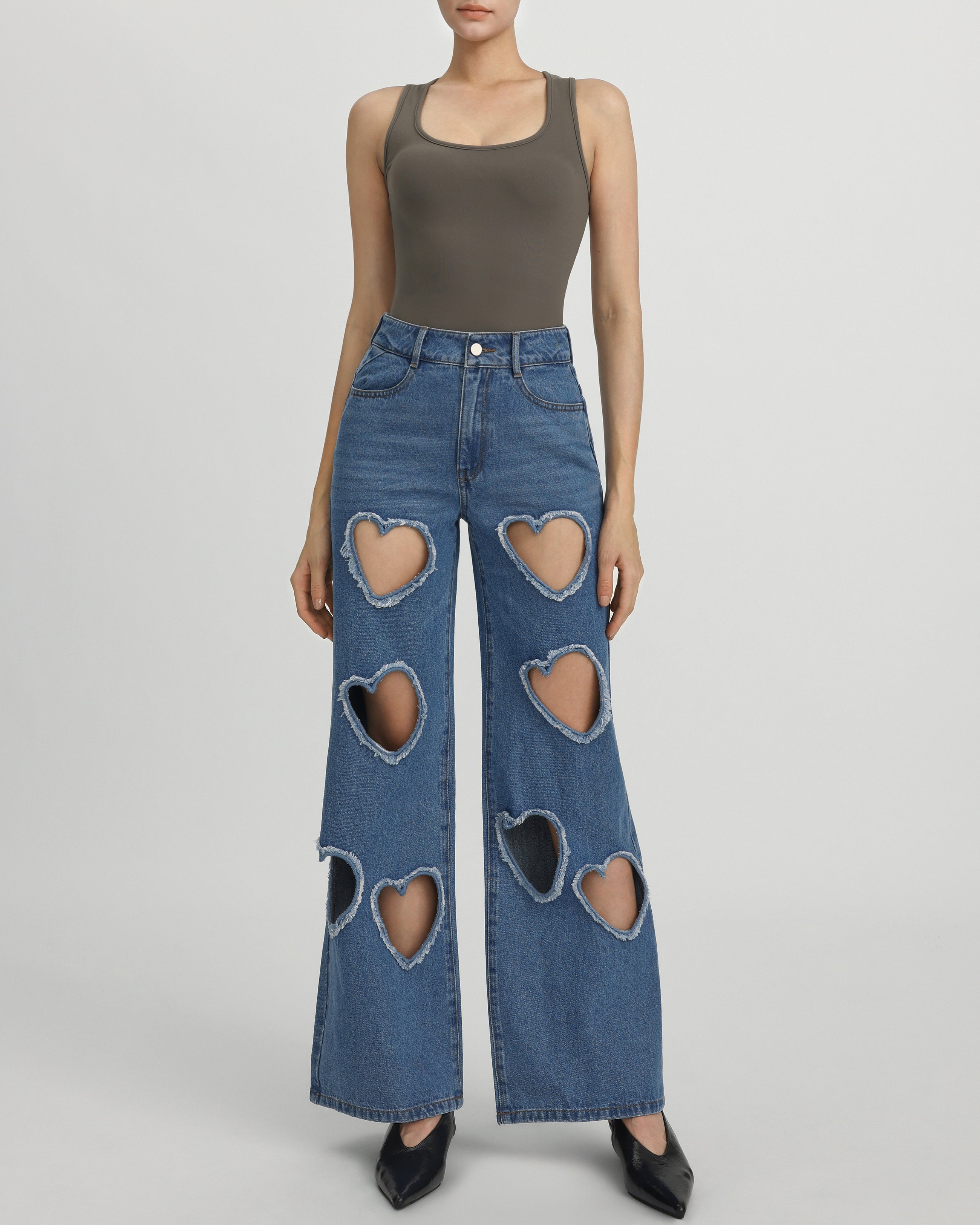 Sophia Embellished Heart Cut-Out Denim Jeans - Medium Blue