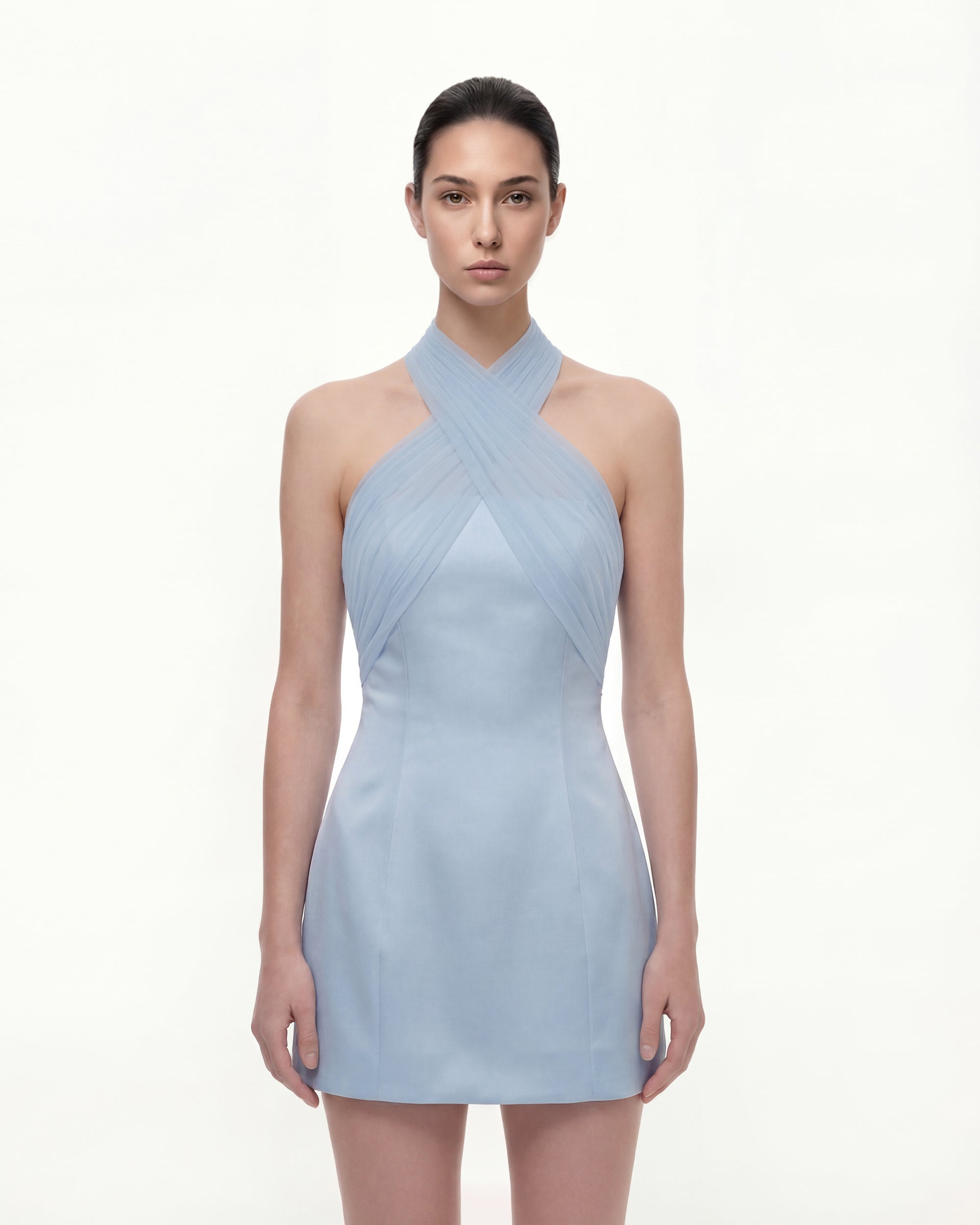 Satin Mini Dress with Tulle Cross-Halter - Blue