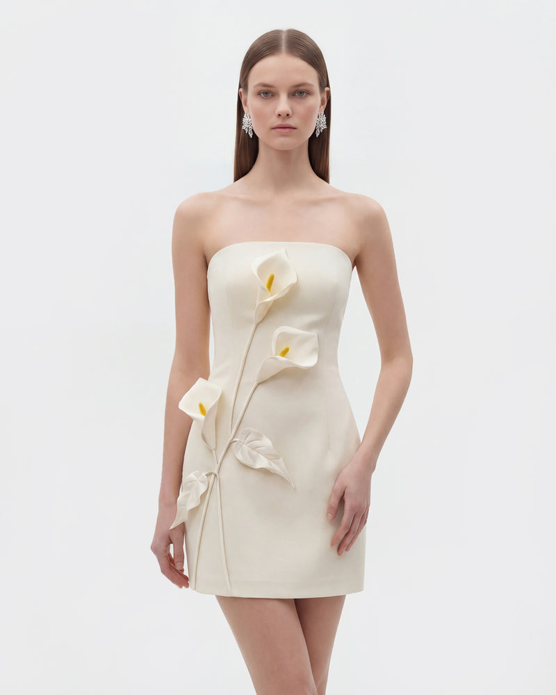 Strapless Floral Appliqué Dress - White