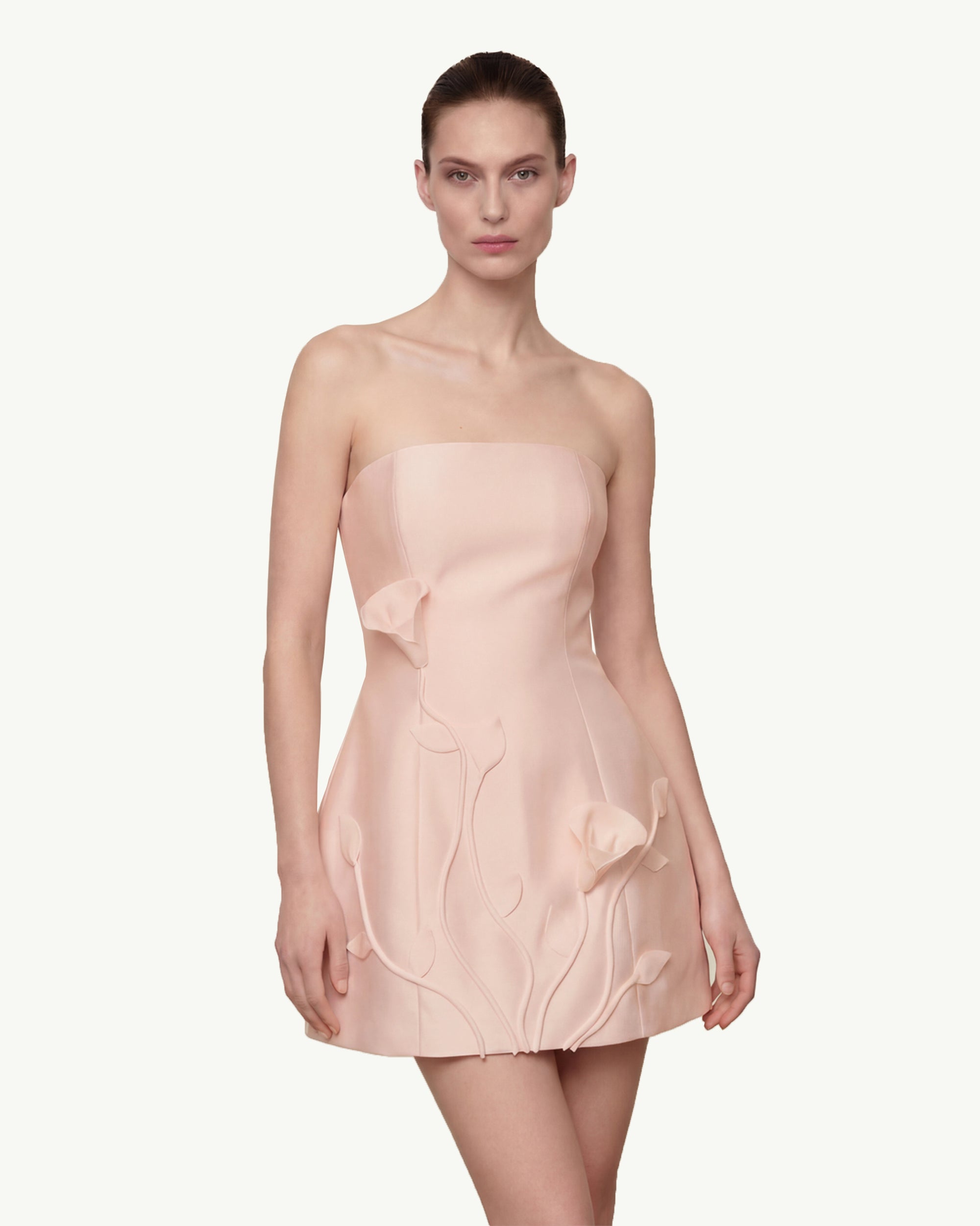 3D Vine Floral Strapless Mini Dress - Pink