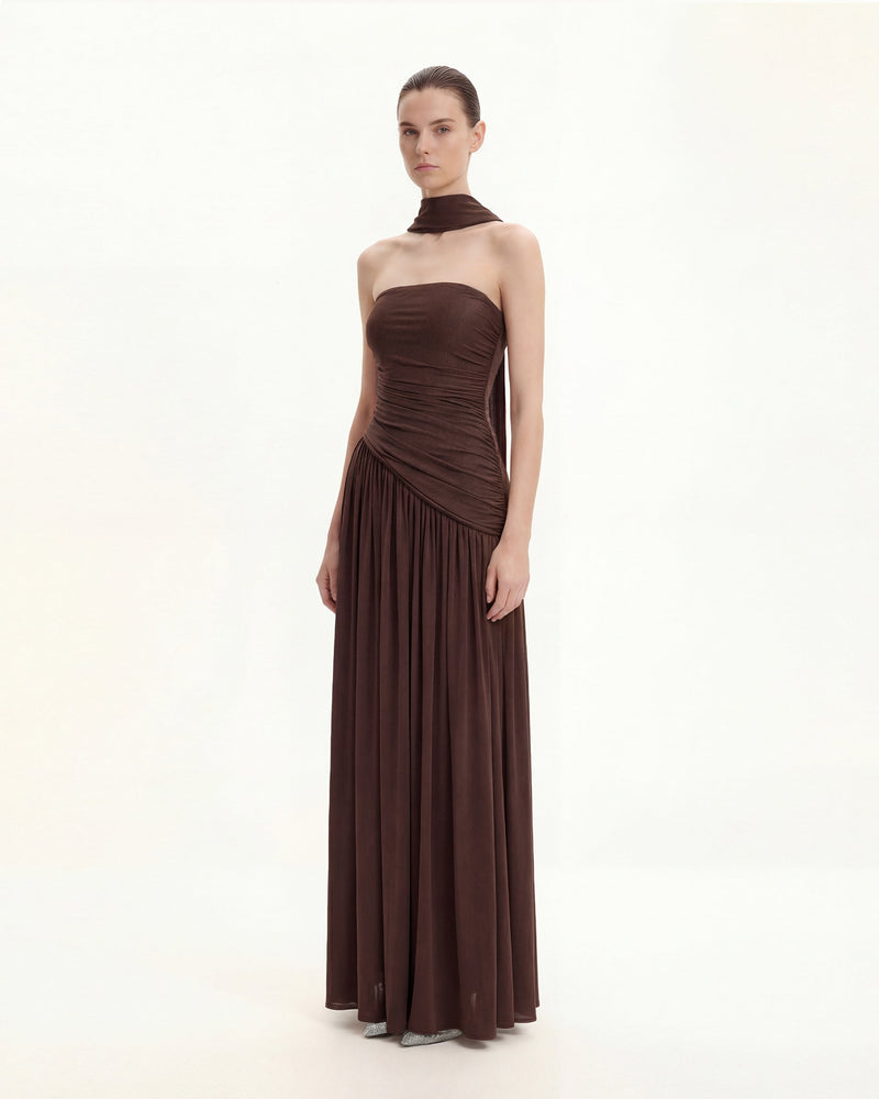 Ruched Panel Strapless Maxi Dress - Brown