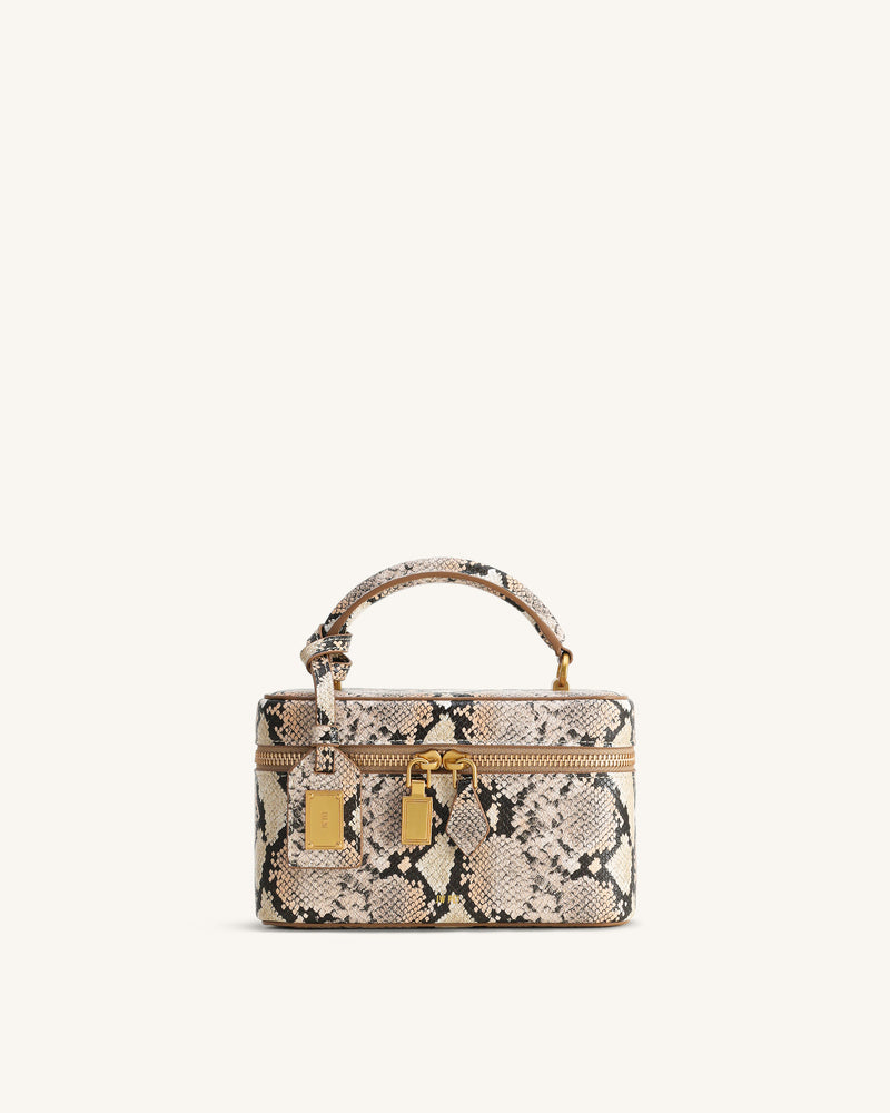 Cleo Snake-Embossed Box Shape Top Handle Bag - Beige