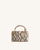 Cleo Snake-Embossed Box Shape Top Handle Bag - Beige