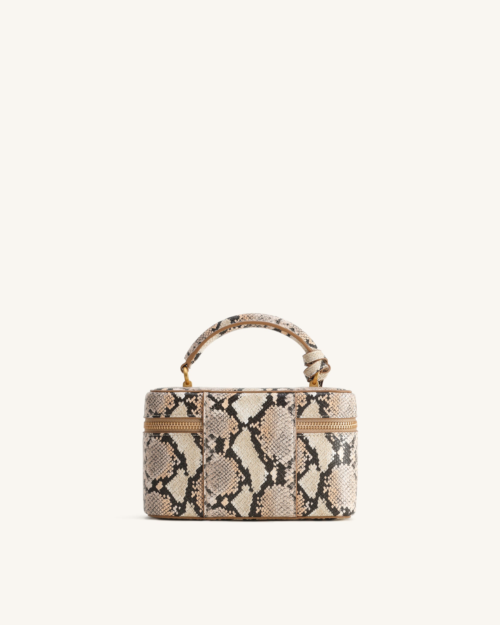 Cleo Snake-Embossed Box Shape Top Handle Bag - Beige