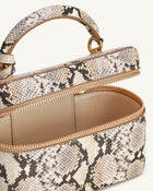 Cleo Snake-Embossed Box Shape Top Handle Bag - Beige