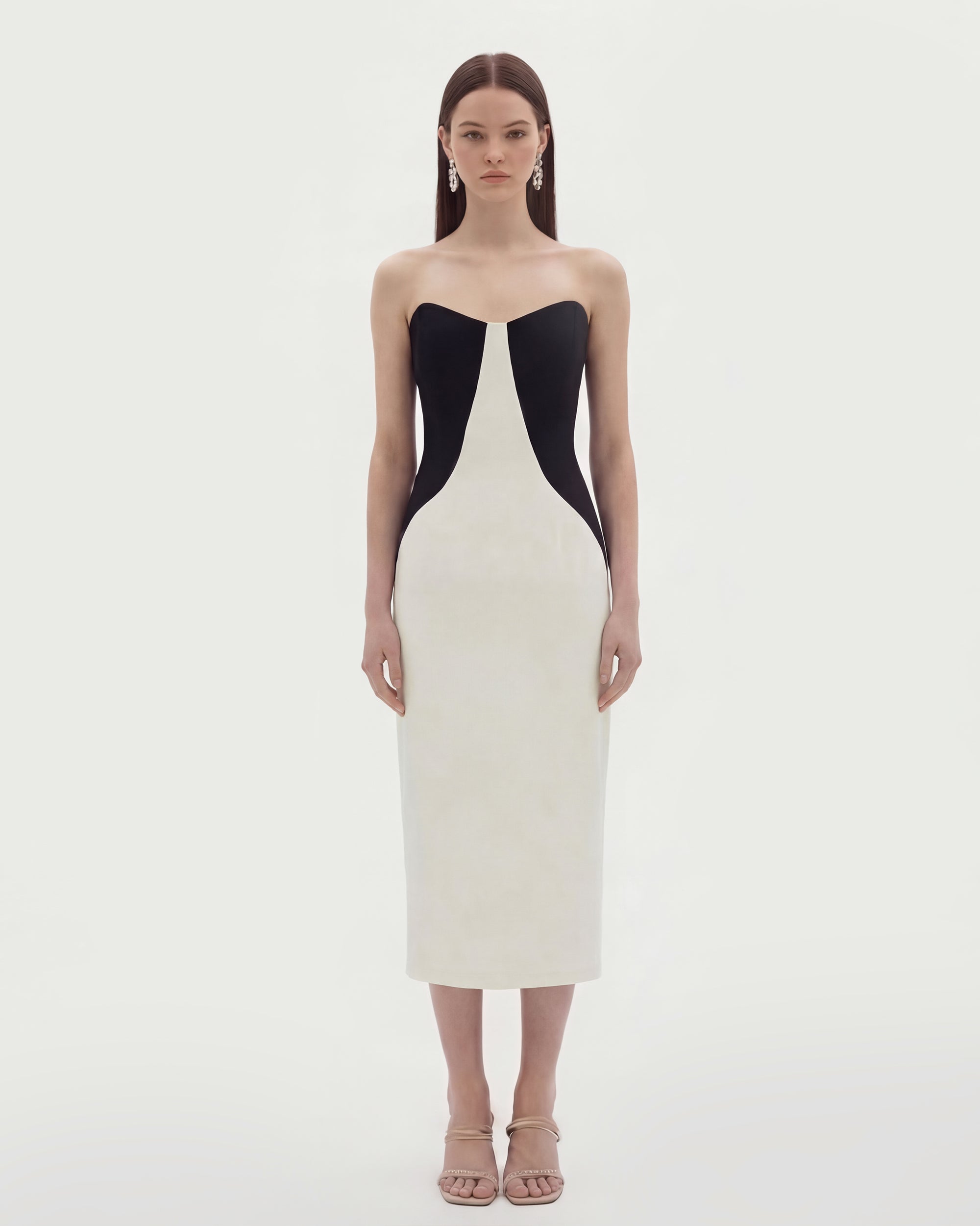 Colorblock Strapless Midi Dress - Black White