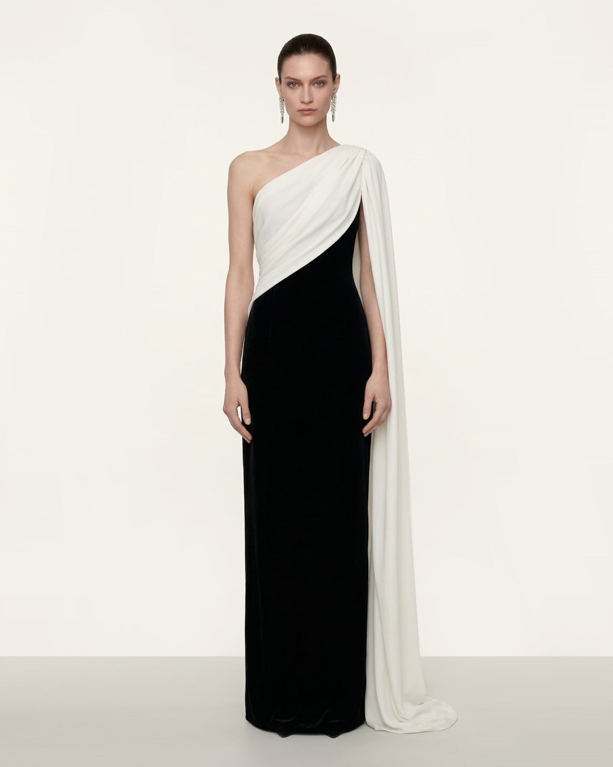 One Shoulder Draped Maxi Dress - Black White