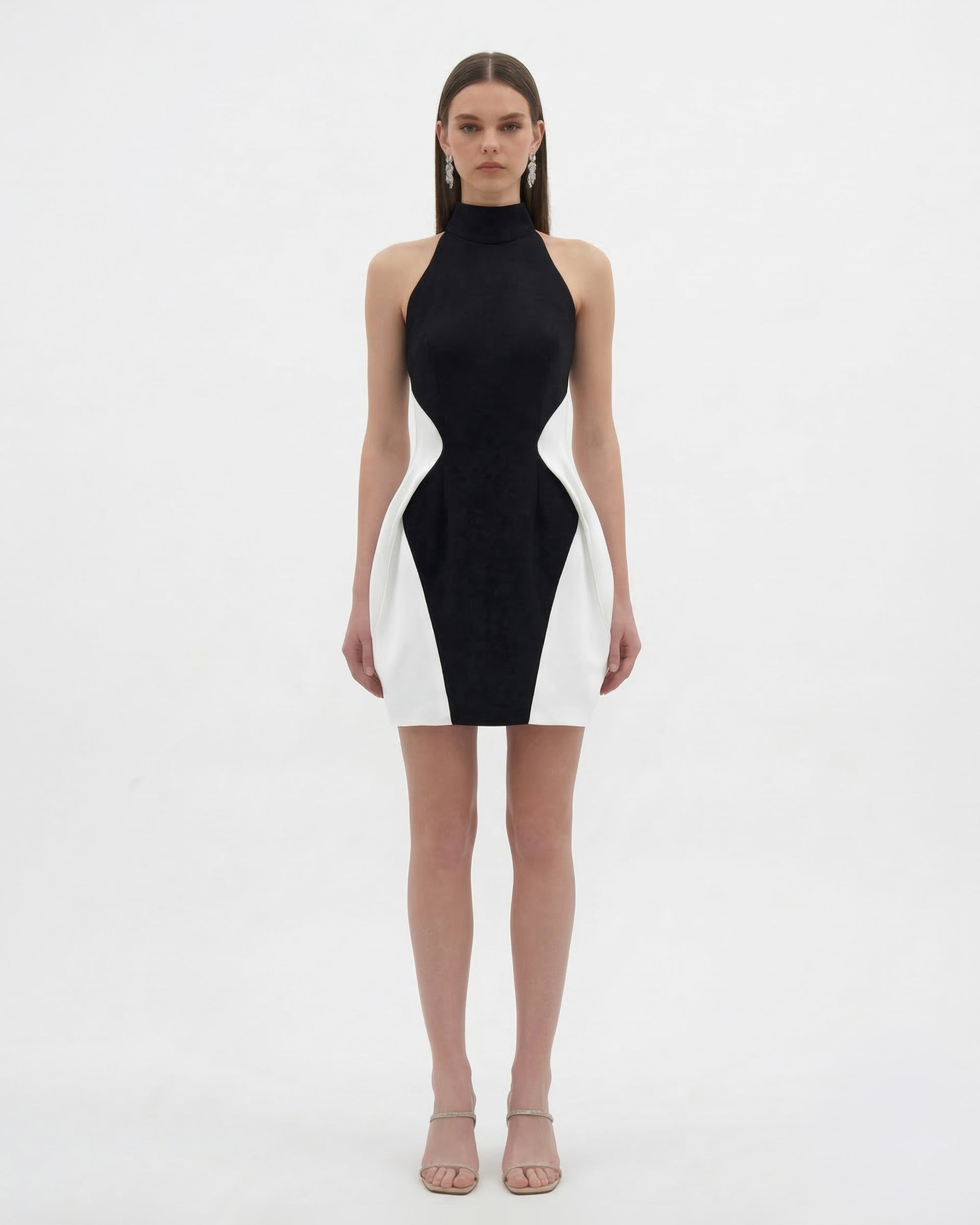 Contrast Panel Bodycon Dress - Black White