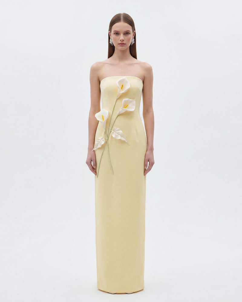 Floral Appliqué Strapless Dress - Yellow