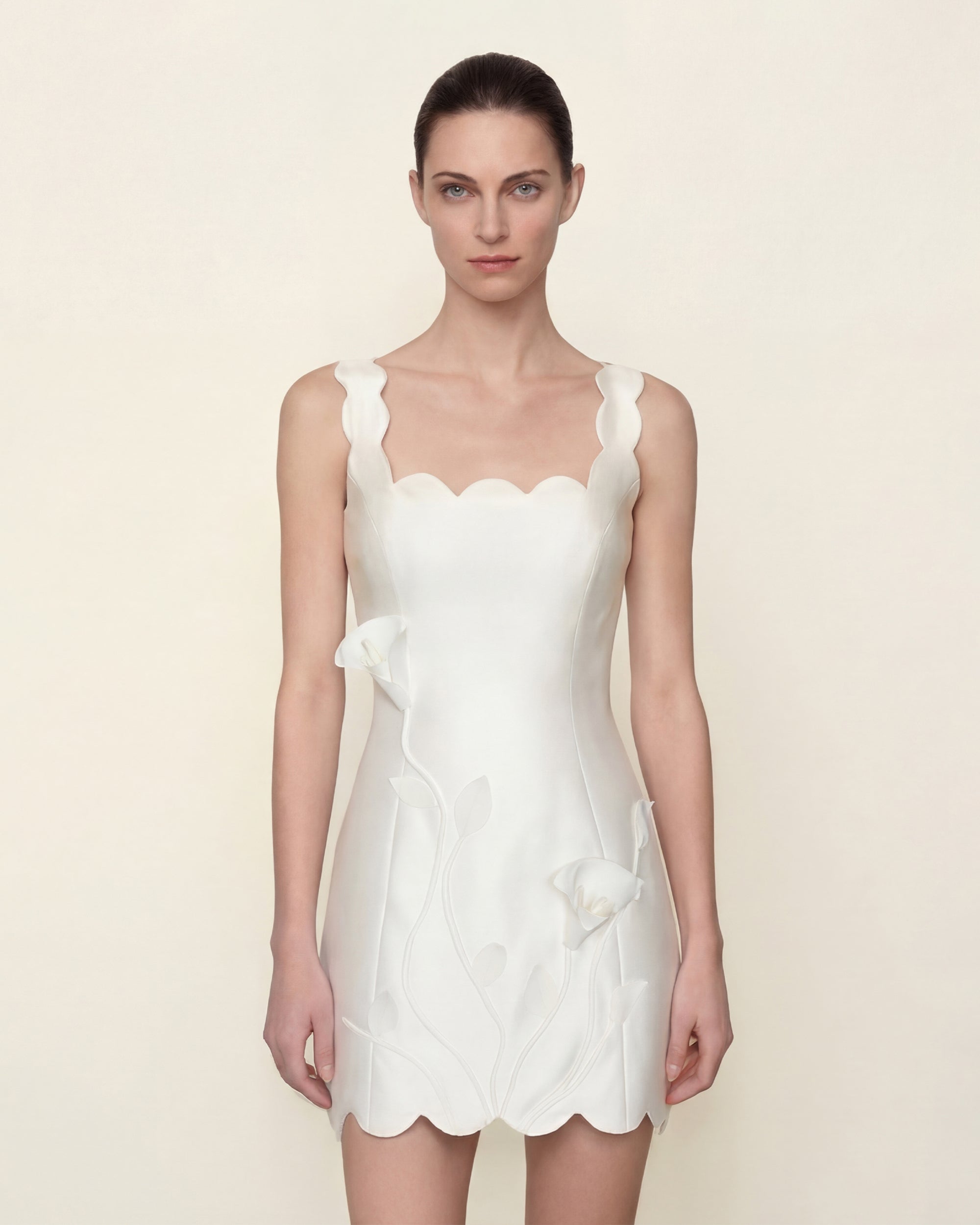 Scalloped Floral Mini Dress - White