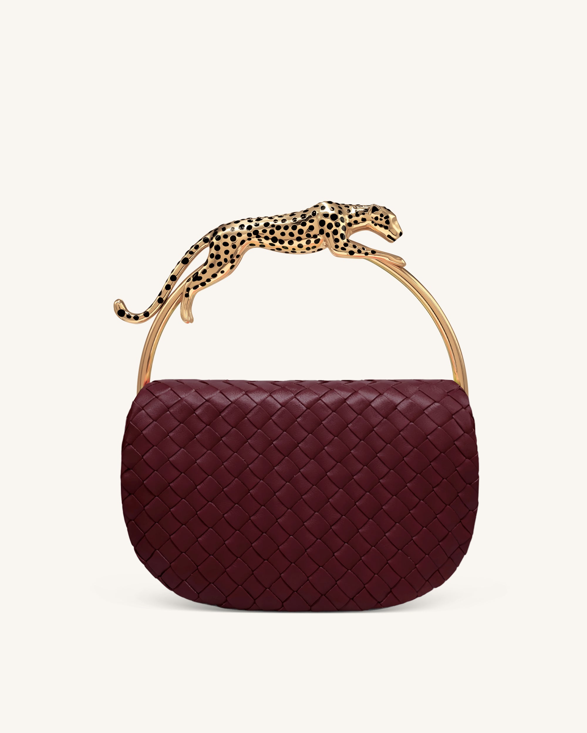 Ione Woven Leopard Shaped Top Handle Bag - Burgundy