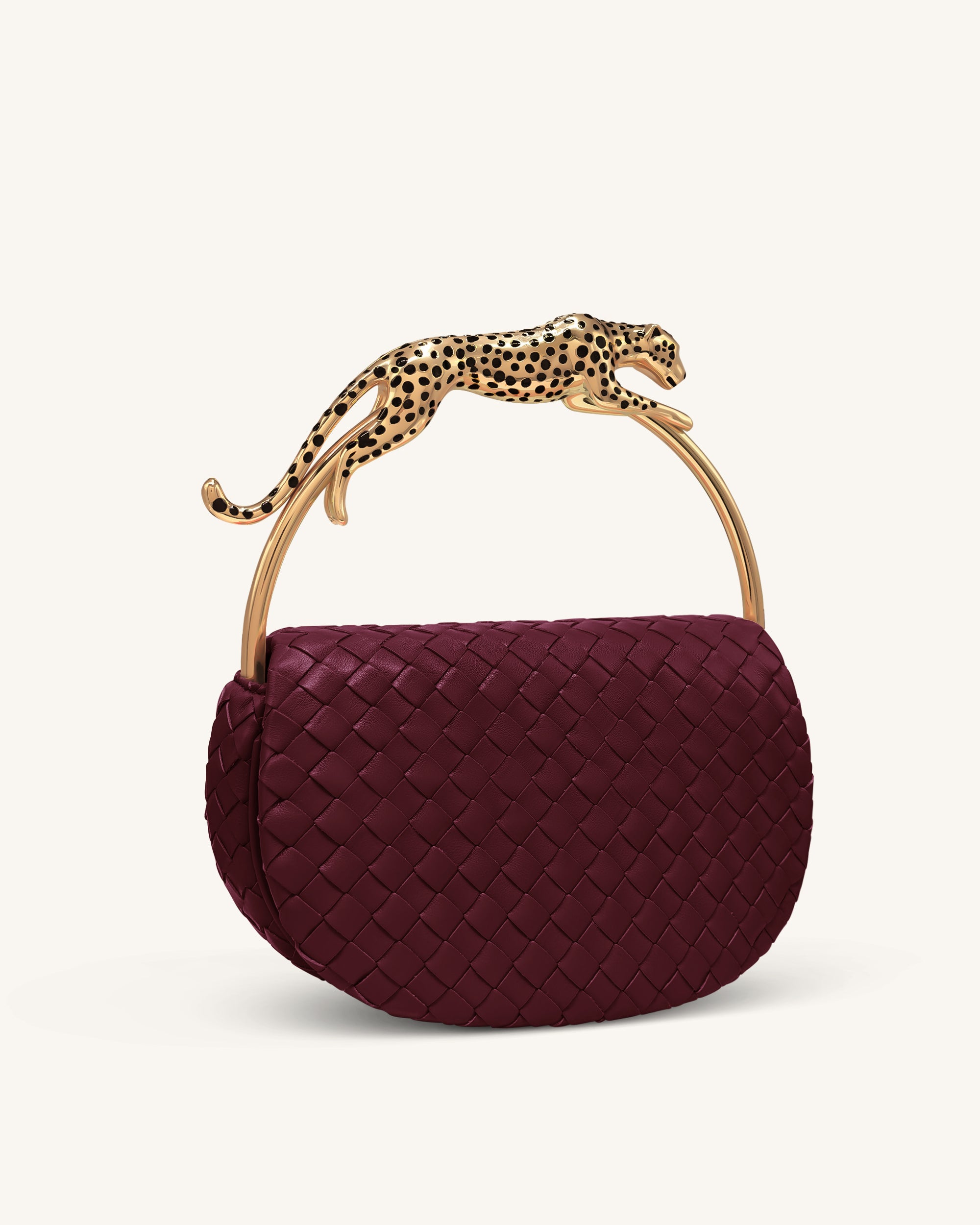 Ione Woven Leopard Shaped Top Handle Bag - Burgundy
