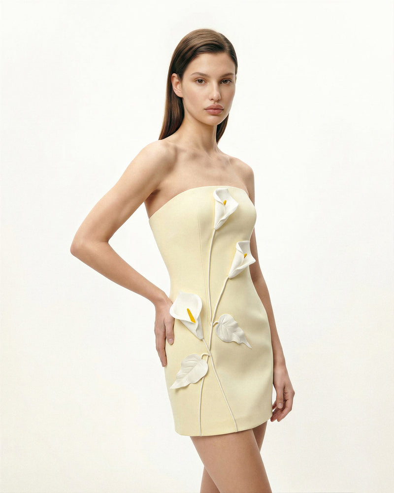 Strapless Floral Appliqué Dress - Yellow
