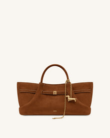Maeve Dachshund Metal Charm Faux Suede Tote Bag - Brown