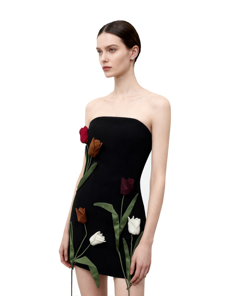 Tulip Appliqué Strapless Dress - Black