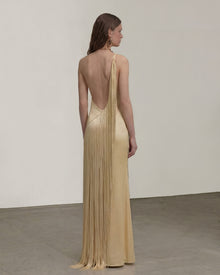 Fringe One Shoulder Maxi Dress - Champagne