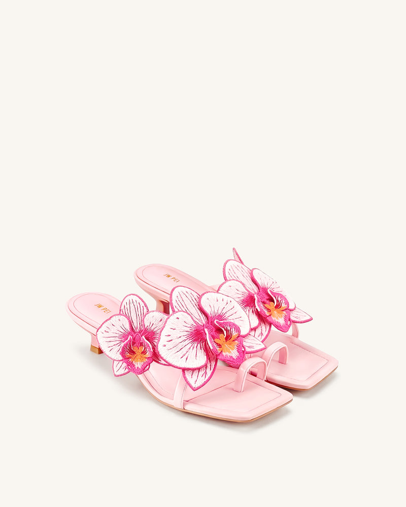 Serena Orchid Embroidered Toe Ring Heeled Sandals - Baby Pink