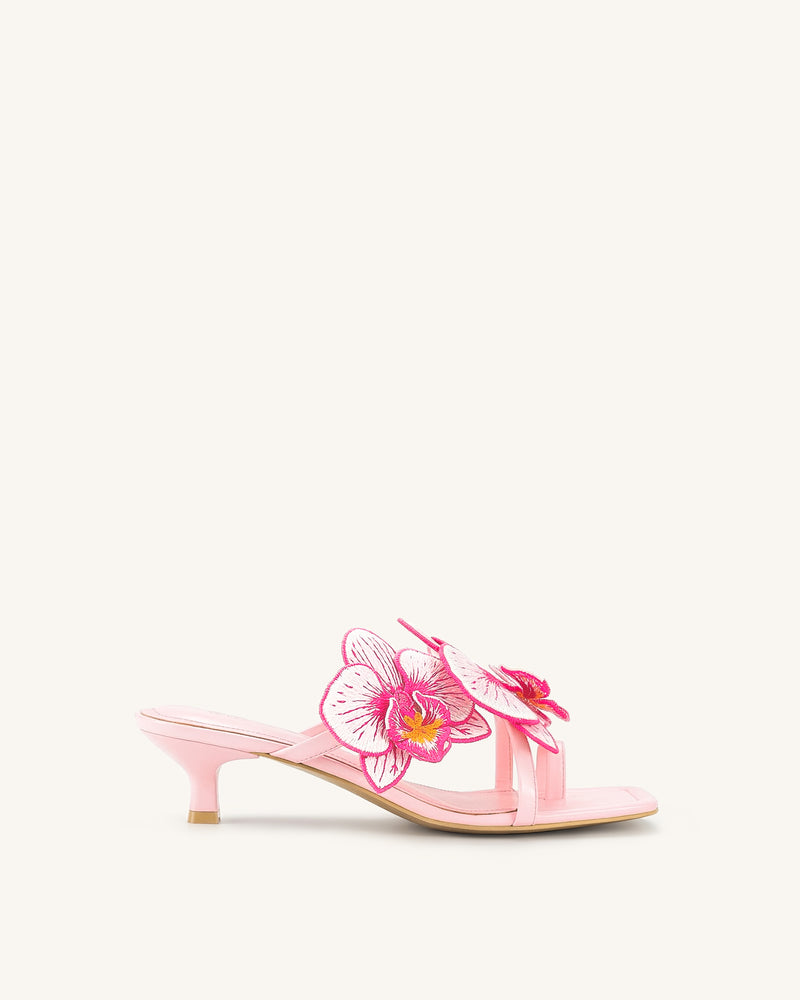 Serena Orchid Embroidered Toe Ring Heeled Sandals - Baby Pink
